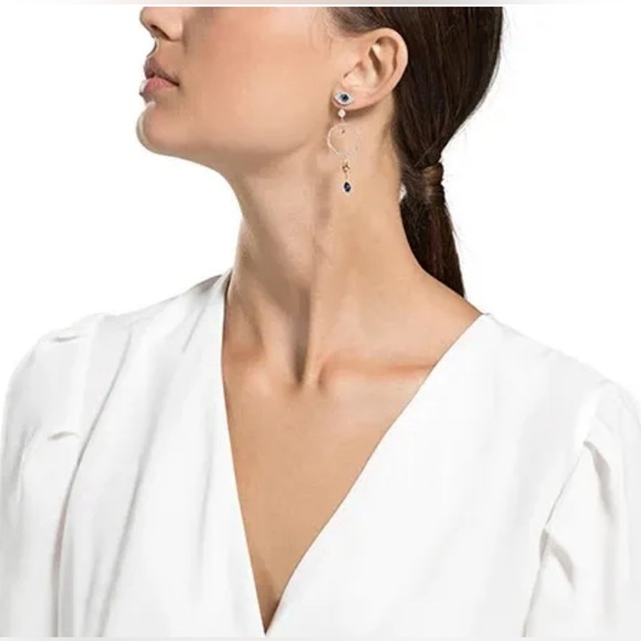 Stunning Authentic Swarovski Crystal Evil Eye Symbolic Hoop Rose Gold Earrings - Picture 2 of 5